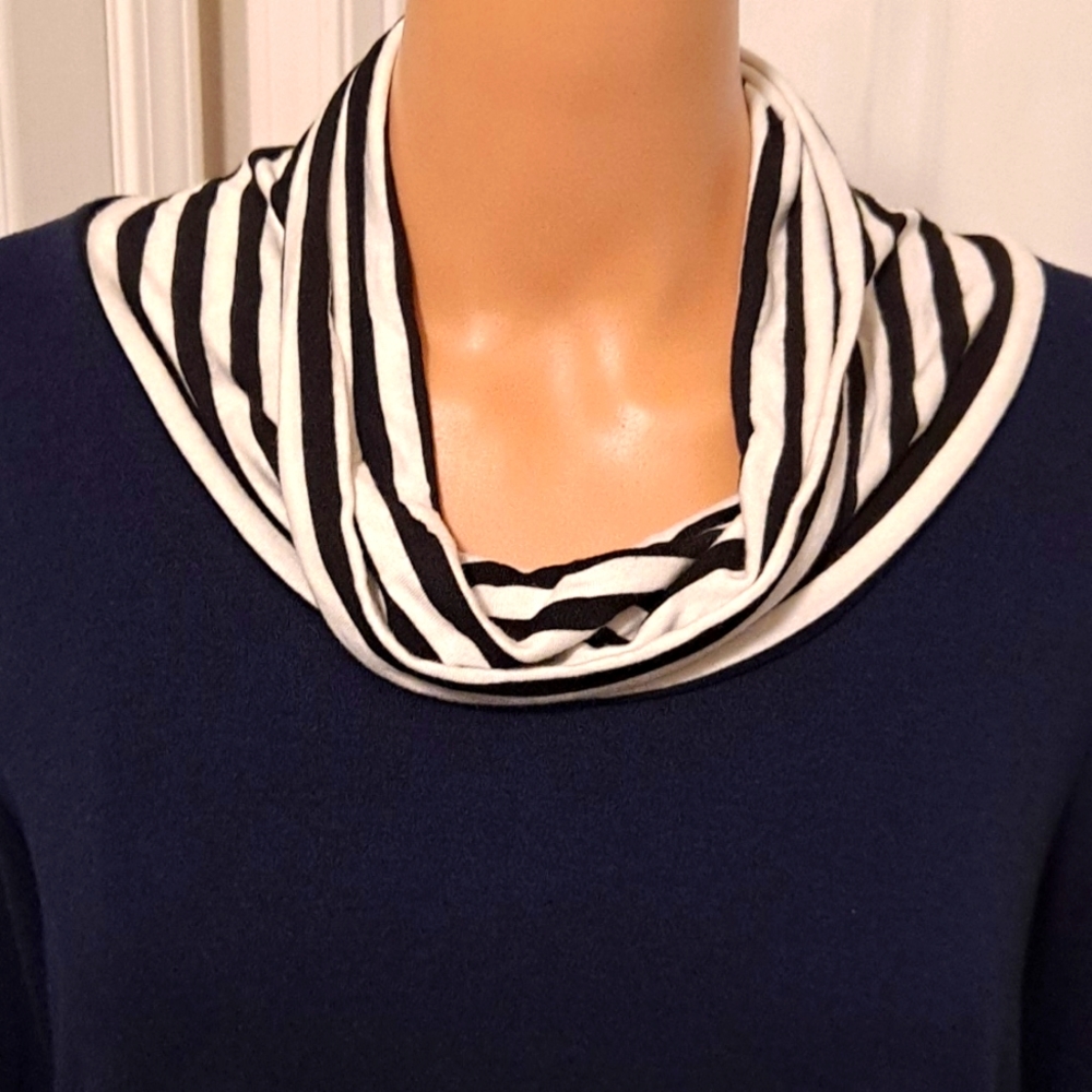 Cowl-Neck Navy Blue and White Lightweight Long sleeve Pullover by 42 Pops - Picture 2 of 7